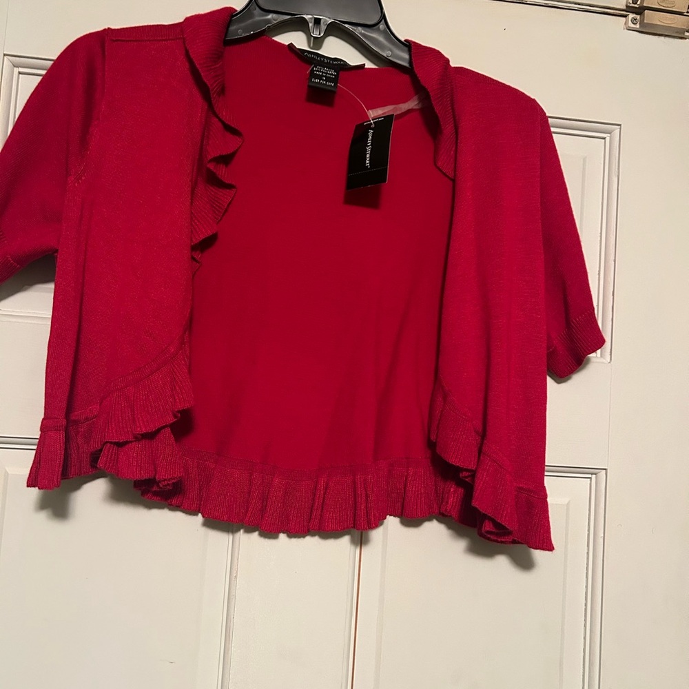 Ladies Red Ruffled Cardigan - Picture 2 of 2